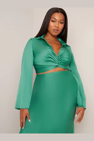 Chi Chi London Womens Long Sleeve V Neck Satin Twist Detail Top in - Size 14 UK