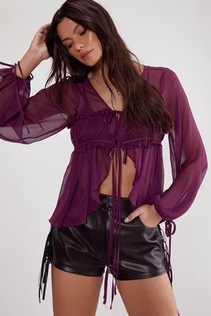 NASTY GAL Womens Chiffon Ruched Tie Front Balloon Sleeve Top - - Size 12 UK