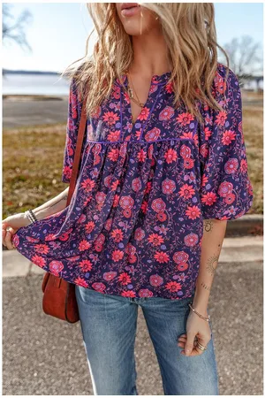 Azura Exchange Womens Floral Half Sleeve Split Neck Blouse Top - Size Small