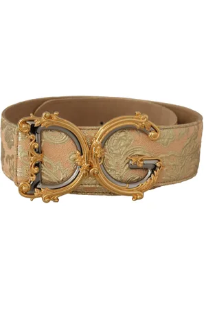 Dolce & Gabbana WoMens Gold Wide Waist Jacquard Baroque DG Logo Buckle Belt - Leather - Size 75 cm