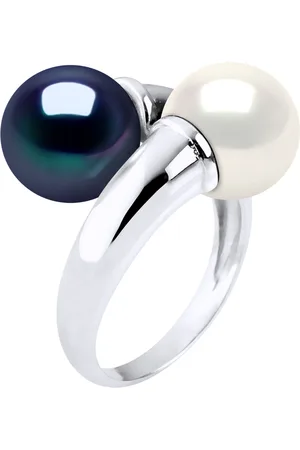 Diadema Womens - Ring You & Me - 2 Real Freshwater Pearls White and Black Silver - Size O 1/2