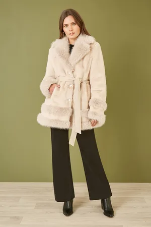 Yumi Womens Luxe Faux Fur Swing Coat With Tie Belt - Size 12 UK
