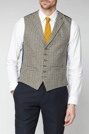 Racing Green Mens Blue Micro Check Tailored Waistcoat - Size 44 Short