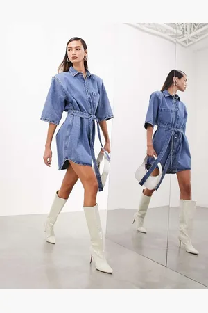 ASOS Womens denim shoulder pad mini dress with belt in mid - Size 6 UK
