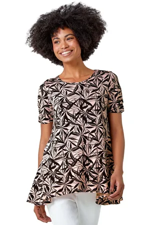 Roman Womens Leaf Print Hanky Hem Tunic Top - Viscose - Size 10 UK