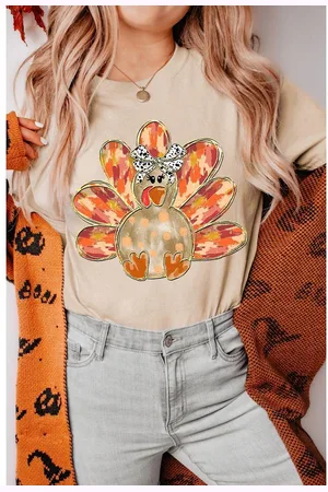 Azura Exchange Womens Thanksgiving Bowknot Turkey Graphic Crewneck Tee - Size Large