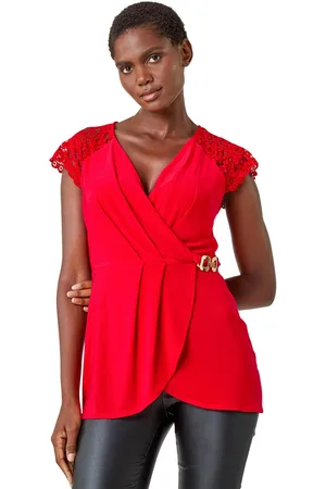 Roman Womens Lace Trim Stretch Wrap Top - - Size 10 UK