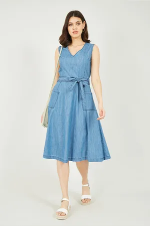 Yumi Womens Chambray Denim Midi Skater Dress Cotton - Size 8 UK