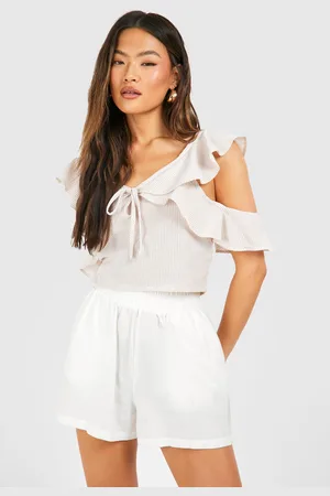 Boohoo Womens Linen Look Pinstripe Frill Detail Crop Top - Cotton - Size 8 UK