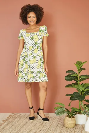 Mela Womens Viscose Lemon Print Skater Dress With Balloon Sleeves - Size 12 UK