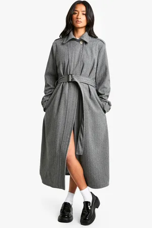 Boohoo Womens Petite Belted Herringbone Wool Look Coat - - Size 12 UK