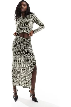 Y.A.S Womens slit front maxi skirt co-ord in black & wavy stripe-Multi - Size X-Small