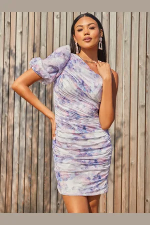 Chi Chi London Womens One Shoulder Puff Sleeve Ruched Floral Mini Dress in - Size 10 UK