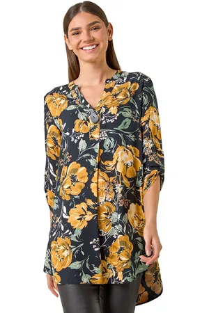 Roman Womens Floral Print V-Neck Button Detail Tunic Top - - Size 18 UK