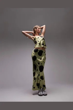 Topshop Womens co-ord satin bias maxi skirt with large spot in sage- - Size 4 UK