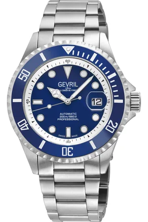 Gevril Mens Wall Street Swiss Automatic Watch, SS Case, Dark Blue Bezel, Enamel Dial, SS Satin and Polished Bracelet - - One Size