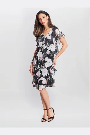 Gina Bacconi Womens Nicola V Neck Printed Tiered Dress With Embellished Neckline - - Size 18 UK