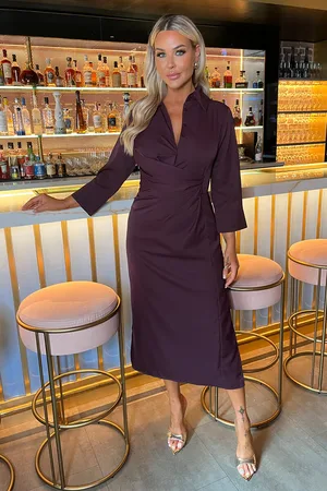 Ax Paris Womens Plum 3/4 Sleeves Gathered Waist Shirt Midi Dress - - Size 8 UK