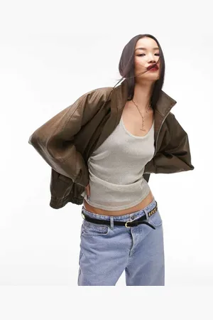 Topshop Womens faux leather super wash 80s bomber jacket in - Size Large