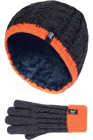 Heat Holders Boys Kids Cable Knit Warm Fleece Lined Thermal Winter Hat and Gloves Set - CO1P7 - - Size 7-10Y