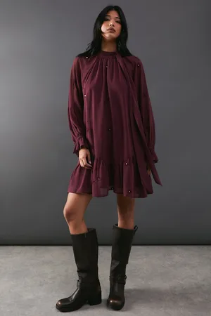 warehouse Womens Premium Chiffon Tie Neck Moon Embellished Mini Smock Dress - - Size 12 UK