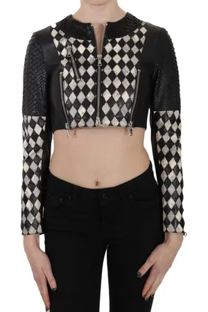 John Richmond WoMens Black White Leather Short Cropped Biker Jacket Coat material_leather1 - Size IT 38 (Womens)