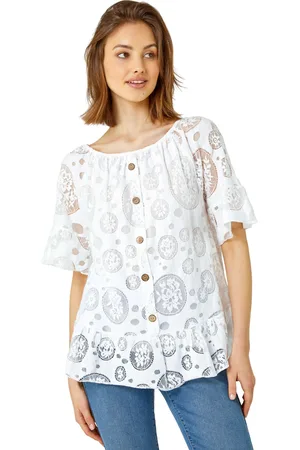Roman Womens Sheer Lace Button Detail Bardot Top - - Size Small