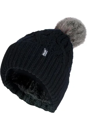 Heat Holders Womens Ladies Ribbed Cuffed Pom Pom Bobble Beanie Hat with Fleece Lining - - One Size