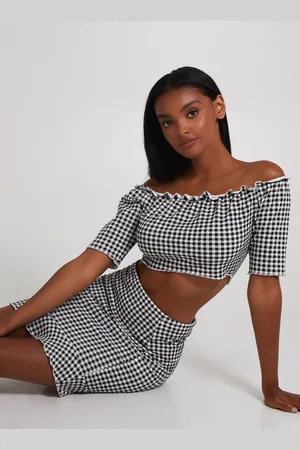 Pink Vanilla Womens Frill Detail Gingham Bardot Top - - Size Large