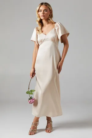 Oasis Womens Petite Angel Sleeve Satin Bridesmaids Midi Dress - - Size 16 UK