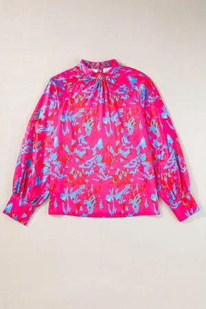 Azura Exchange Womens Printed Bubble Sleeve Mock Neck Blouse - Size Large