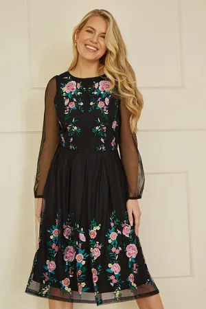 Yumi Womens Embroidered Long Mesh Sleeve Prom Skater Dress - Size 16 UK