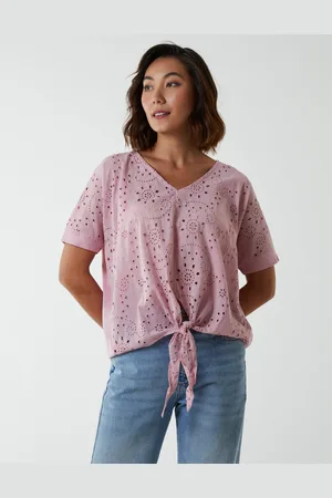 Blue Vanilla Womens Broderie Batwing Knot Front Top - Cotton - Size Small