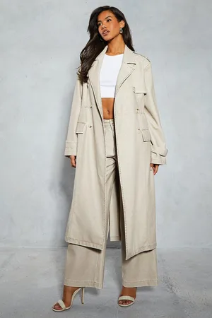 MissPap Womens Leather Look Longline Belted Trench Coat - - Size 8 UK