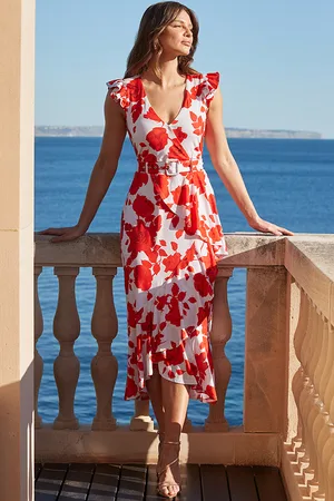 Sosandar Womens & Ivory Floral Print Ruffle Hem Midi Dress - Size 12 UK