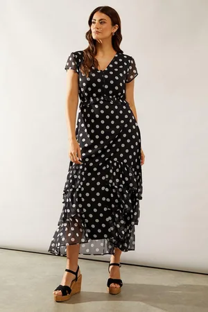wallis Womens Spot Print Chiffon Ruffle Frill Maxi Dress - - Size 8 UK
