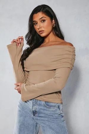 MissPap Womens Fold Over Bardot Rib Top - Cotton - Size 6 UK
