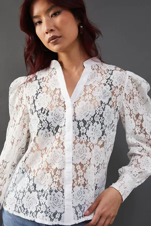 warehouse Womens Lace Yoke Shirt - Cotton - Size 8 UK
