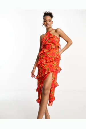 Pretty Lavish Womens halterneck ruffle split midaxi dress in red and floral - Size 16 UK