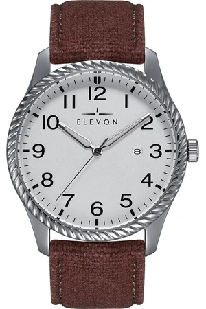 ELEVON Mens Crosswind Canvas-Overlaid Leather-Band Watch w/ Date - Metal - One Size