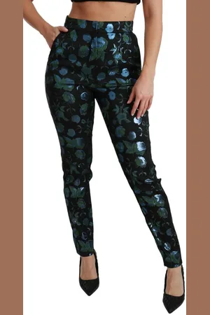 Dolce & Gabbana WoMens Blue Green Floral Metallic Slim Pants - - Size EU 40 (Womens)