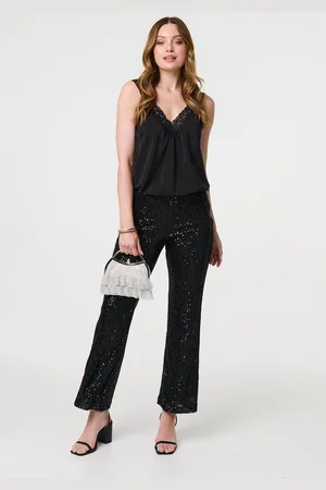 Izabel London Womens High Waist Flared Sequin Trousers - Size 10 Regular