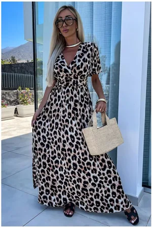 Azura Exchange Womens Leopard V Neck Cinched High Waist Open Back Maxi Dress - Size Medium