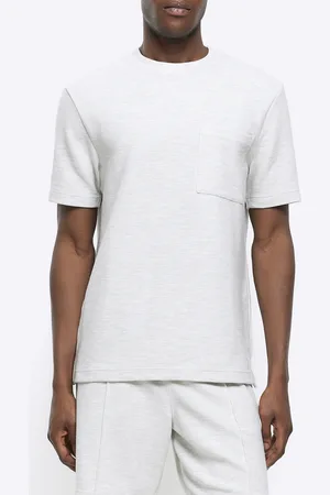 River Island Mens T-Shirt White Regular Fit Textured Pocket - - Size Medium