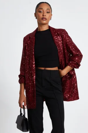 Quiz Womens Dark Red Sequin Ruched Blazer - - Size 12 UK