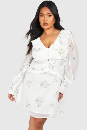 Boohoo Womens Plus Woven Floral Print Ruffle Detail Long Sleeve Mini Dress - - Size 16 UK