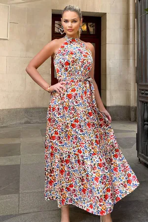 Ax Paris Womens Multi Floral Print High Neck Tie Belt Midi Dress - - Size 16 UK