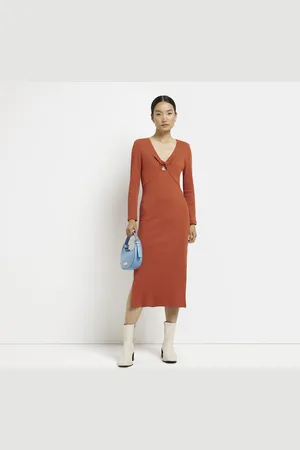 River Island Womens Bodycon Midi Dress Orange Ribbed - - Size 12 UK