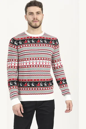 Brave Soul Mens Crew Neck Knitted Jumper With Stripe Fairisle Pattern - Size X-Large