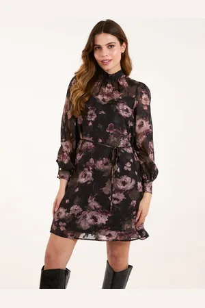 Blue Vanilla Womens High Neck Floral Jacquard Dress With Tie Waist - - Size 14 UK